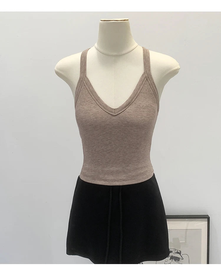 American Style Sexy V-neck Neck Hanging Vest Women's Slim Fit Summer New Unique Beautiful Small Strap Nylon Fabric Breathable