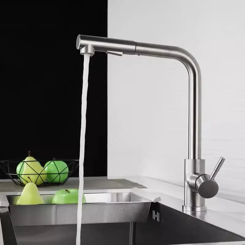 Stainless Steel Kitchen Sink Faucet Pull Out Sprayer Hot Cold Water Mixer Tap Deck Mounted Single Hole Modern Kitchen Tap