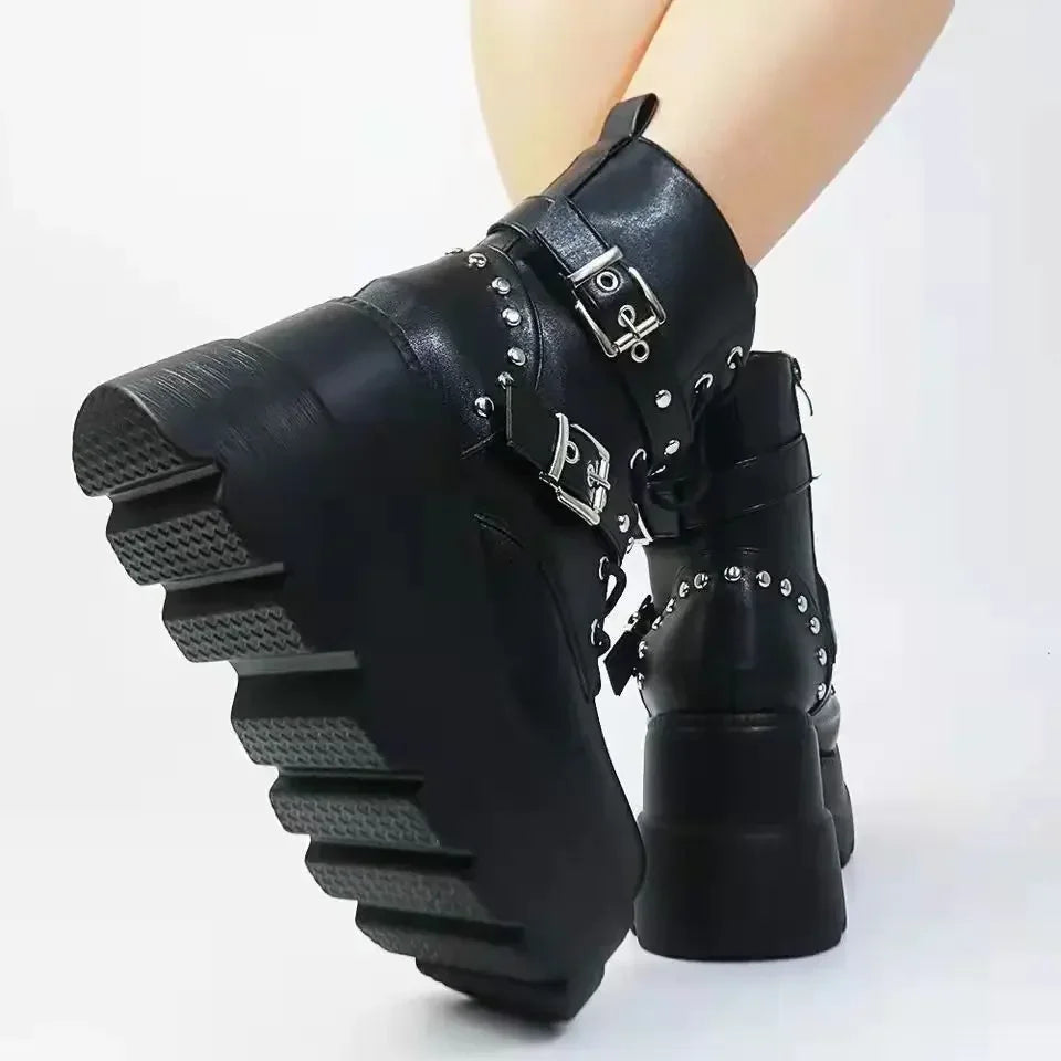 New Women's Pu Leather Ankle Boots Women Autumn Winter Round Toe Lace Up Shoes Woman Motorcycle Platform Botas Gothic Shoes