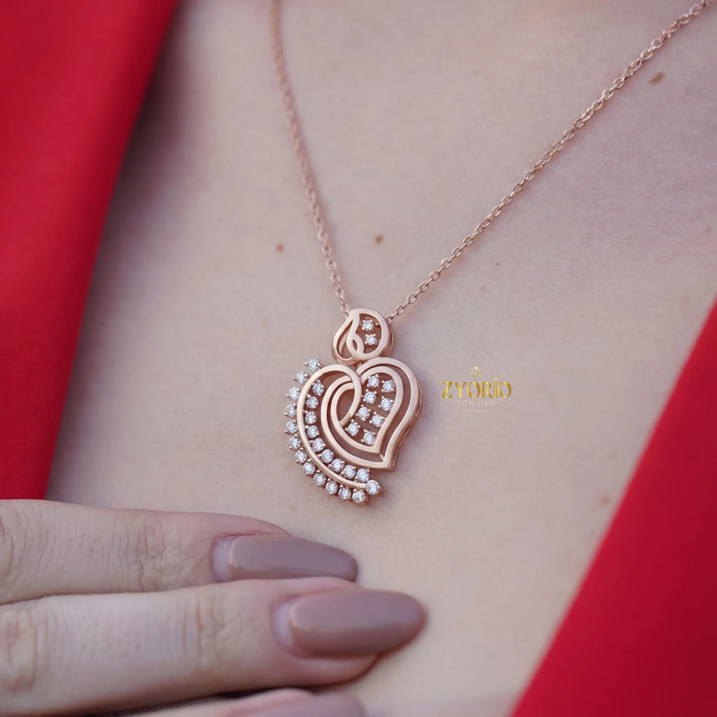 ZYORIO Rose Gold Heart Pendant Necklace With Round Diamond Claw Setting Romantic Women's Snake Chain Jewelry