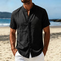 Men's Cotton Linen Shirt Summer Lightweight Breathable Short Sleeve Henley Neck Casual Shirts Male Vacation Beach Style Tops