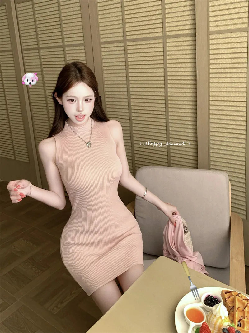 Mint Green Half High Collar Sleeveless Knitted Dress Women's Slim Fit Summer Waist Cinching Short Skirt Trendy Commute Style