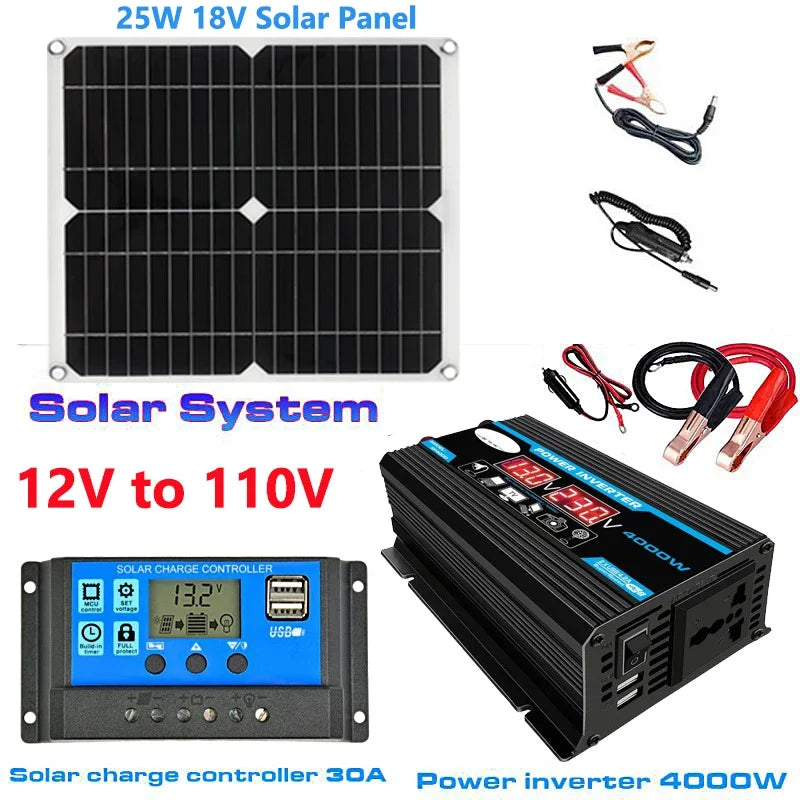 12V to 110V/220V Solar Power System 25W Solar Panel 30A Charge Controller 4000W Modified Sine Wave Inverter Power Generation Kit