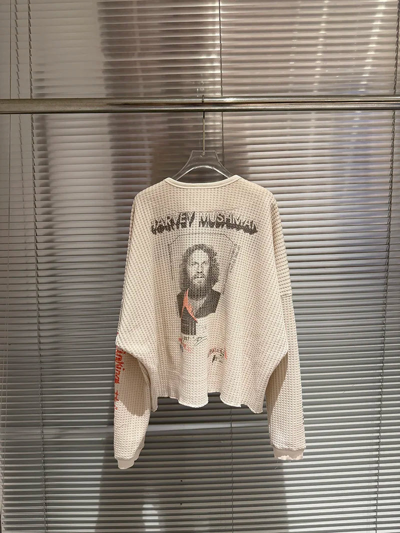 Streetwear Paly Waffle Long Sleeve T Shirt Men Woman High Quality Loose Casual Fashion All-match Crewneck New Top