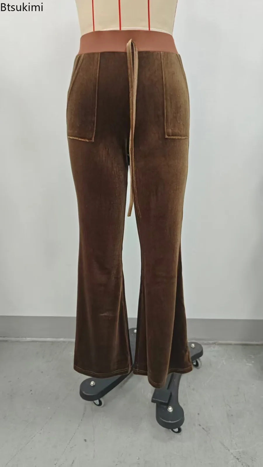 2026 Women's Velvet Trousers Fashion Velvet Solid Color High-Waisted Drawstring Pocket Flared Pant Autumn Winter Casual Pants