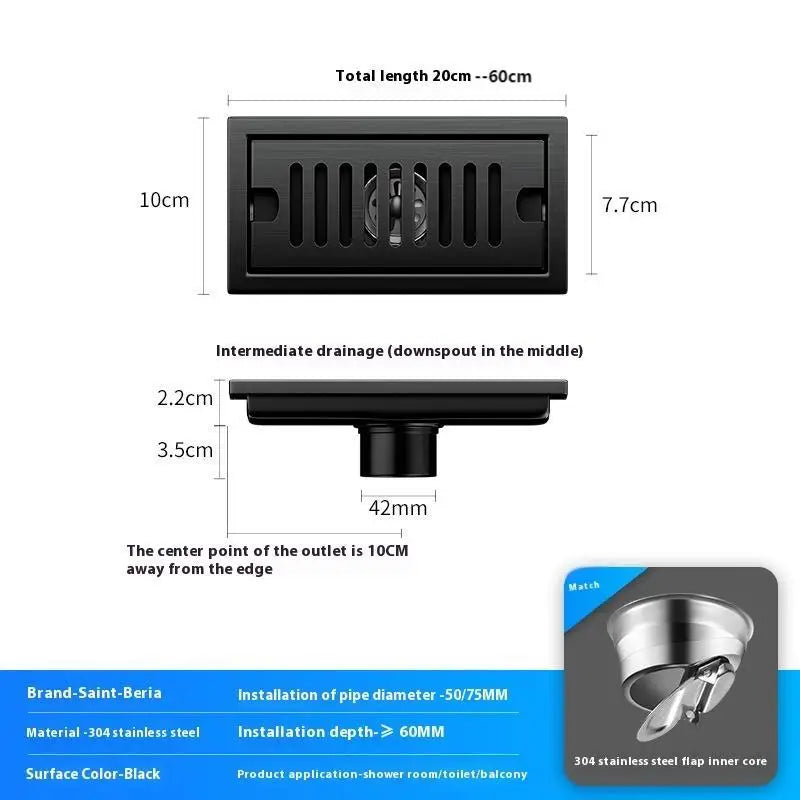 20/30/40/50/60cm Stainless Steel Shower Floor Drain Bathroom Rectangle Linear Floor Drainage Floor Drain with Strainer Covern