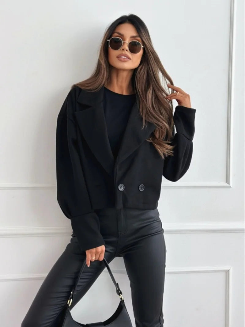 Women's Cropped Wool Blend Coat with Notch Lapel and Double Breasted Button Closure for Fall Winter Fashion