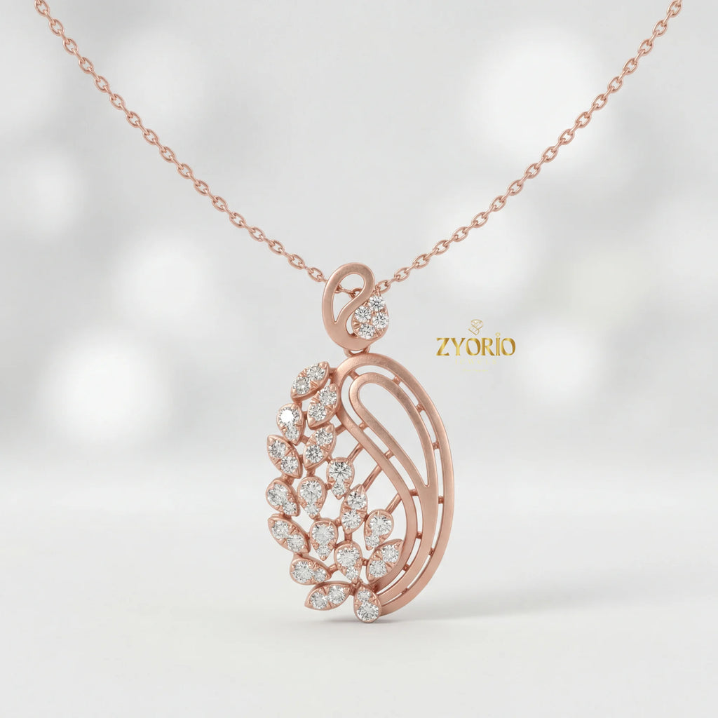 Sterling Silver Paisley Leaf Diamond Pendant Necklace with Link Chain Sparkling Elegant Nature Inspired Jewelry for Women
