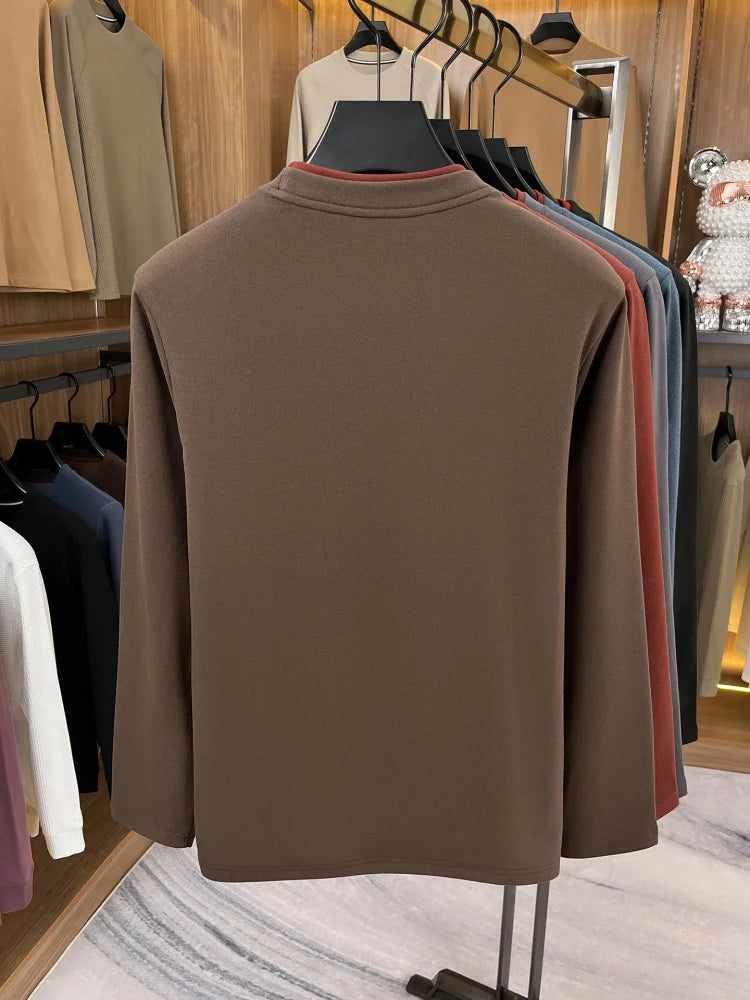 Unique fake two pieces round neck sweater men fashion brand letter emboss pullover autumn winter warm velvet long sleeve T-shirt