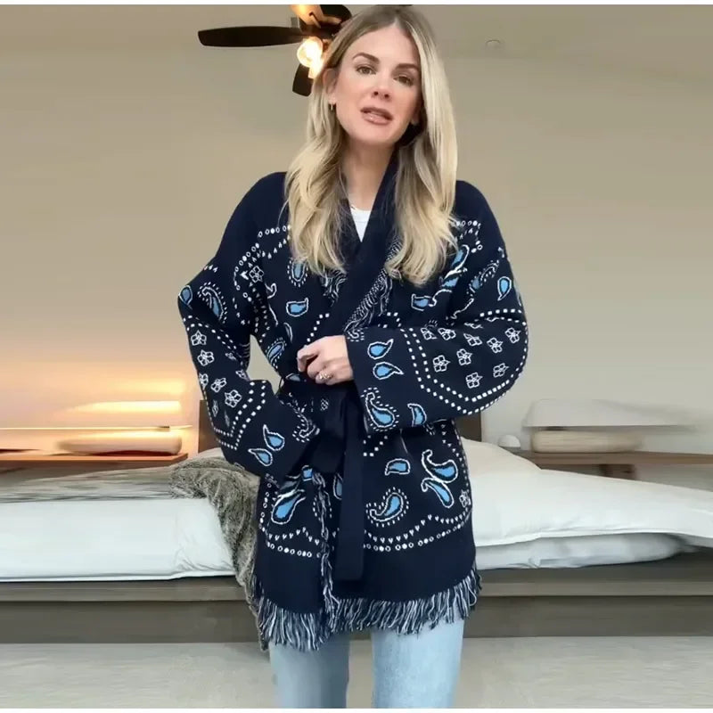 Casual Print Tassel Cardigan Women Elegant Belt V-neck Long Sleeve Knitted Sweaters Female 2026 Autumn Winter Knitwears Lady
