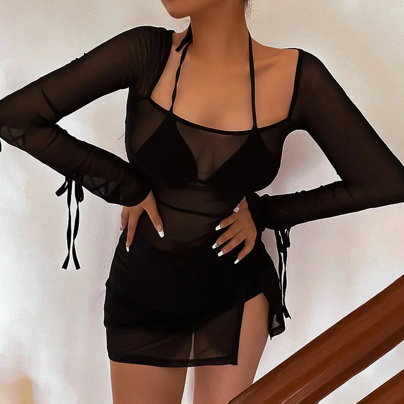 Women's Square Collar Mini Dress Y2K Gauze Long Sleeve Sheer Sexy Night Outfit Clubwear Solid Color