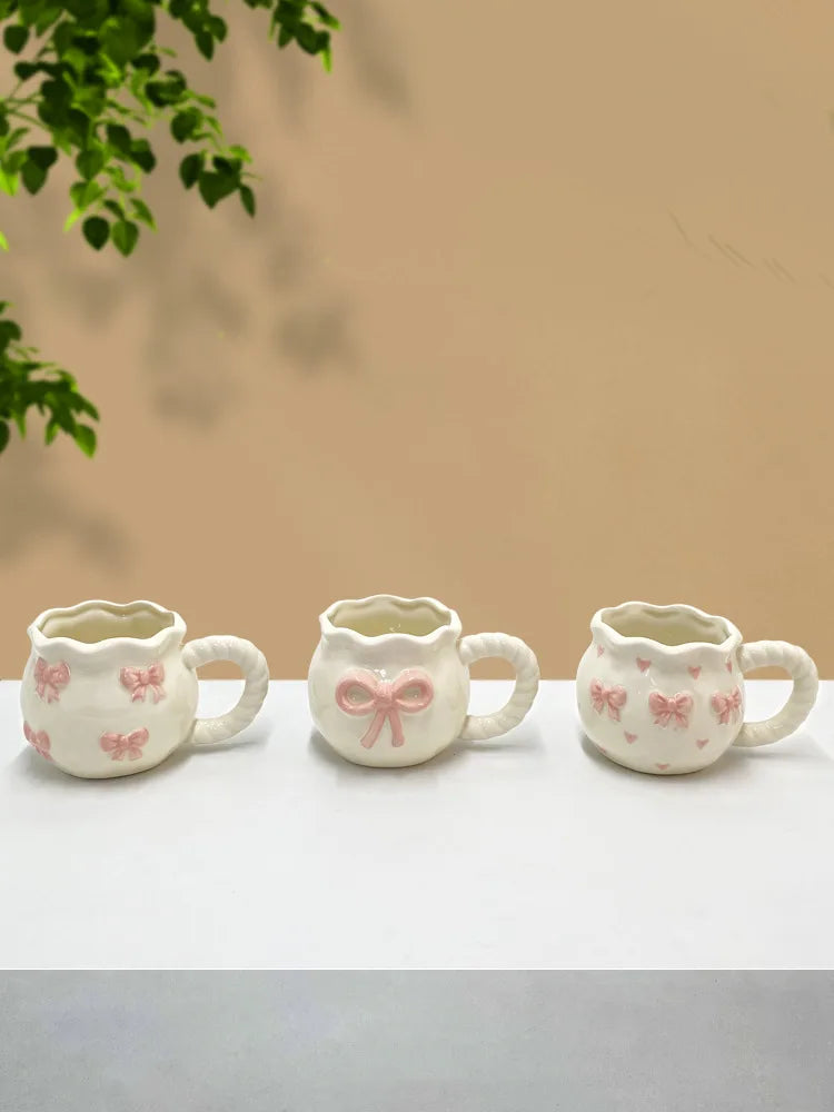 Bow Ceramic Coffee Cup Cute Handmade Ins Style Mug Drinking Water Afternoon Tea Gift Decoration Summer Dopamine Girlfriend Gift
