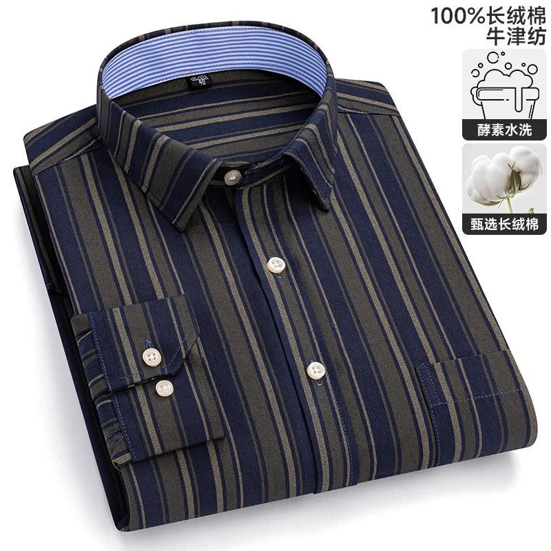 S-6XL Oxford Shirts for Men Long Sleeve Pure Cotton Solid Stripe Leisure Embroidered Horse Streetwear Business Plain Office 6XL
