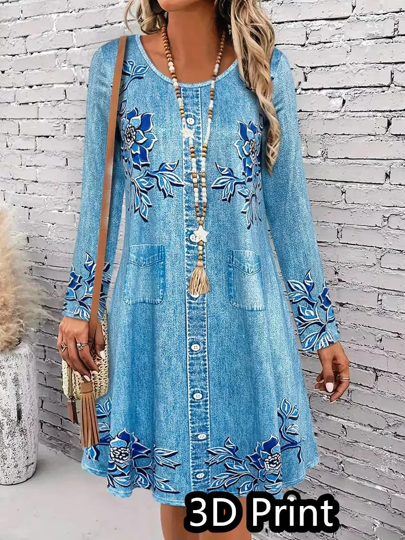 3D retro printed dress, women's autumn long sleeved round neck casual mini A-line dress Vestidos De Mujer
