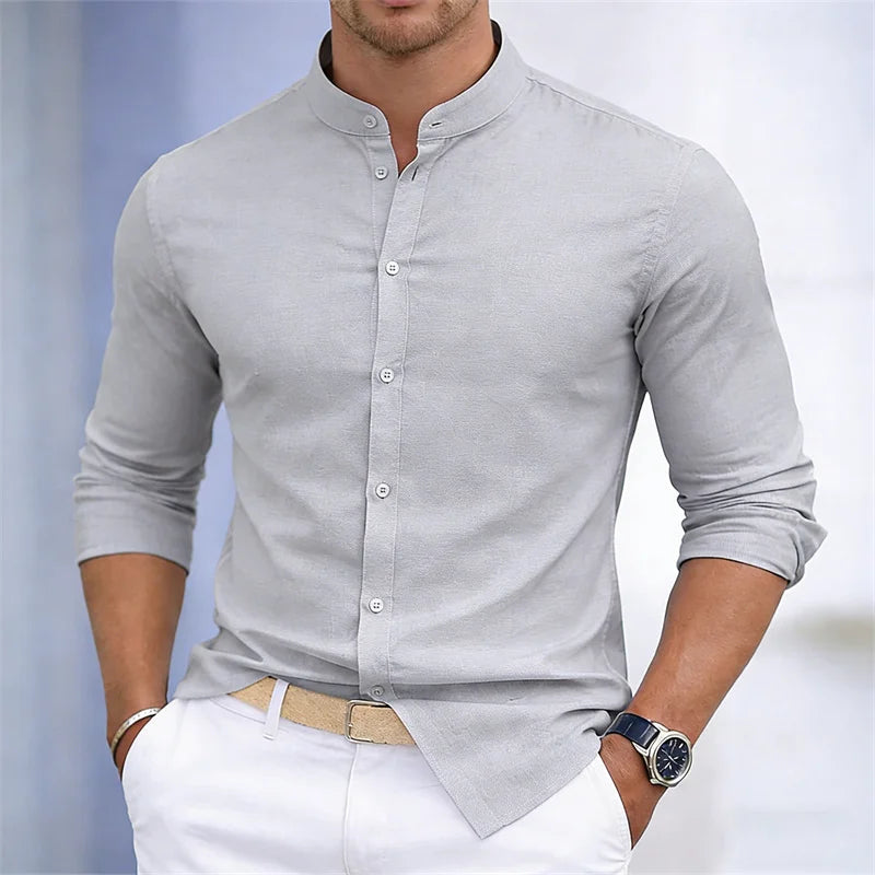 Men's stand-up collar white or black long-sleeved shirt, solid color shirt, slim fit business casual men's top, sizes XS-6XL.