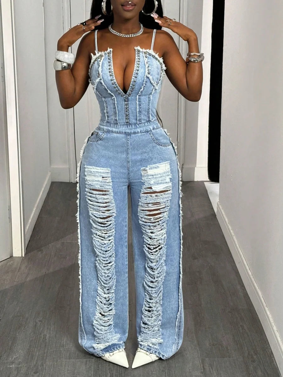Benuynffy Sexy Spaghetti Strap Denim Jumpsuit Women Streetwear High Waist Backless Zipper Ripped Straight Leg Jeans Jumpsuits