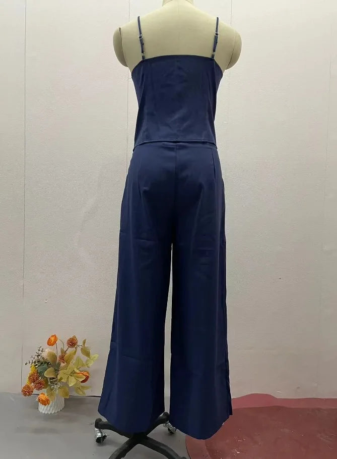Summer Leisure High Street Outfit Office Lady Solid Color Slim Two Piece Set Chic Sleeveless Bandage Tank Tops&Pocket Pants Suit