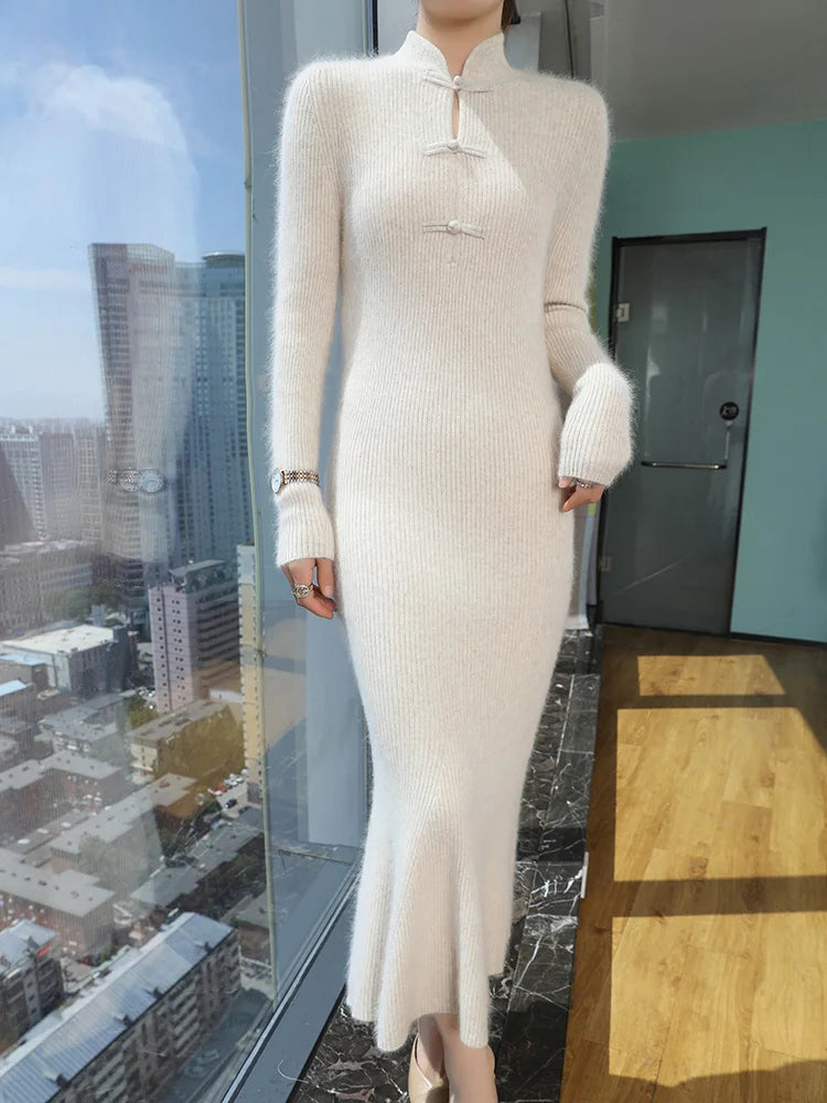 100% Mink Cashmere Knitted Dress Ladies Stand Collar Buckle Long Skirts Retro High Waist Over Knee Slim Dress New Thick Sweater