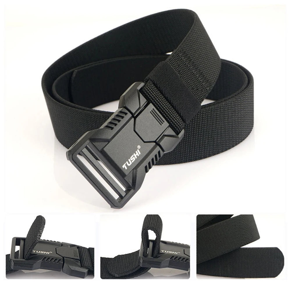 TUSHI Aluminum Alloy Quick Release Pluggable Buckle Elastic Belts For Men Durable Tactical Belt Cowboy Outdoor Army Belt Hunting