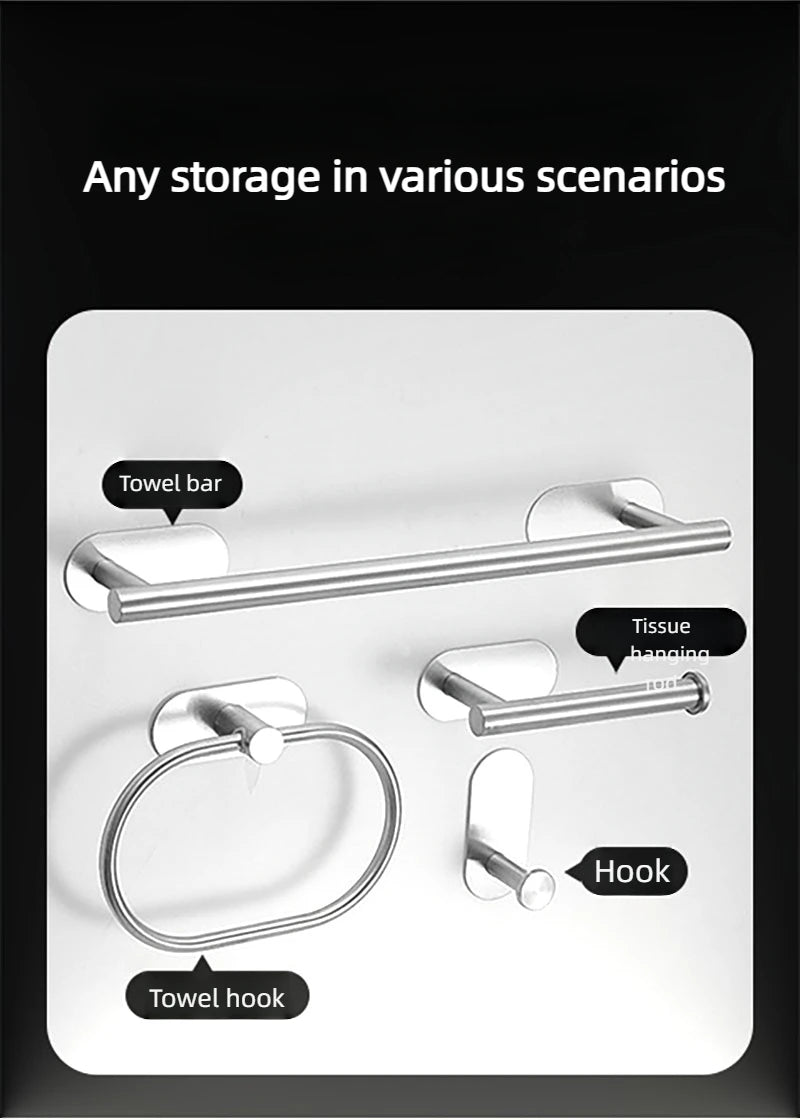 4pcs Bathroom Punch-free Towel Bar Set Stainless Steel Bathroom Hardware Wall-mounted Towel Rack Hook Tissue Holder