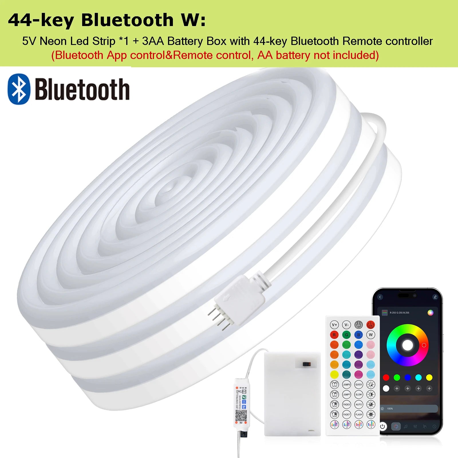 3AA Battery Powered 5V RGB Color-changing LED Neon Strip Light 1M 2M 3M Waterproof With Bluetooth Remote Control For Home Decor