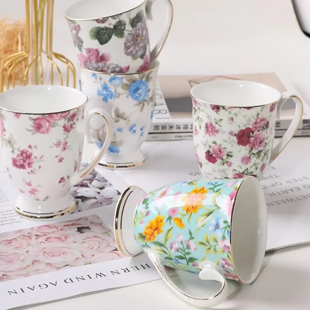 Classical Retro Bone China Mugs Large Capacity Ceramics Breakfast Milk Coffee Mug Pastoral Flower Tea Cup Home Office Drinkware