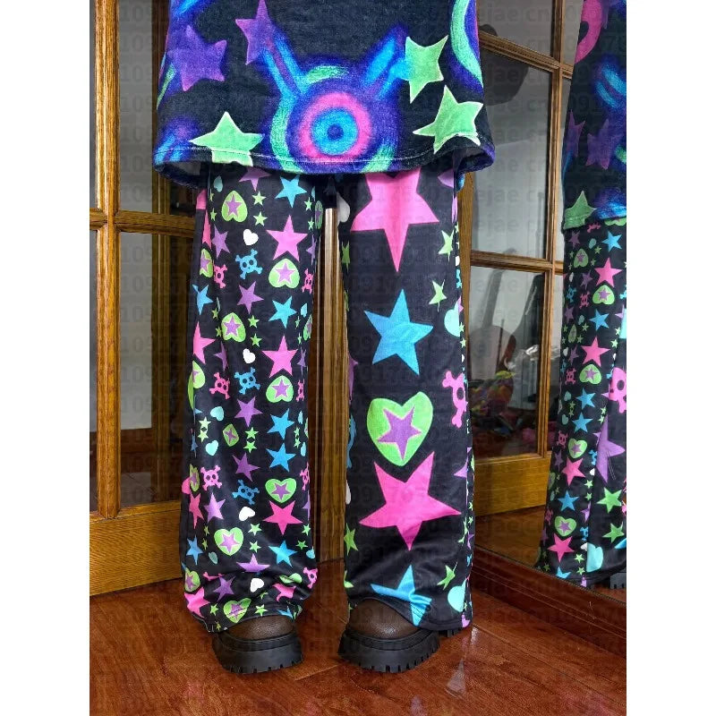 2026 New Black Universe Colorful Star Pants Spring New Cute Kawaii Yami Y2k Harajuku Style Fashionable Special Loose Kid Pants