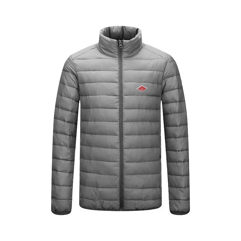 Winter Korean Style Men With Embroidery Logo Front Light Thin Hooded Down Long sleeves Zipper Turtleneck Jacket Warm Windproof
