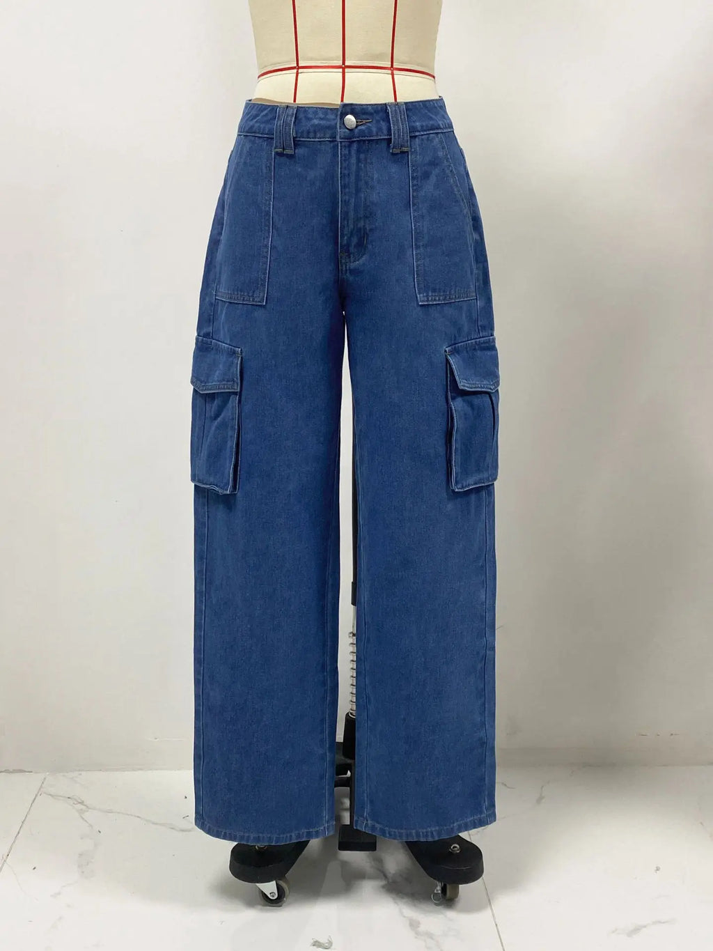 American Retro Mid-waist Multi-pocket Cargo Pants Jeans, Women's Casual Loose Straight Long Pants, Patchwork Jeans,Spring Autumn