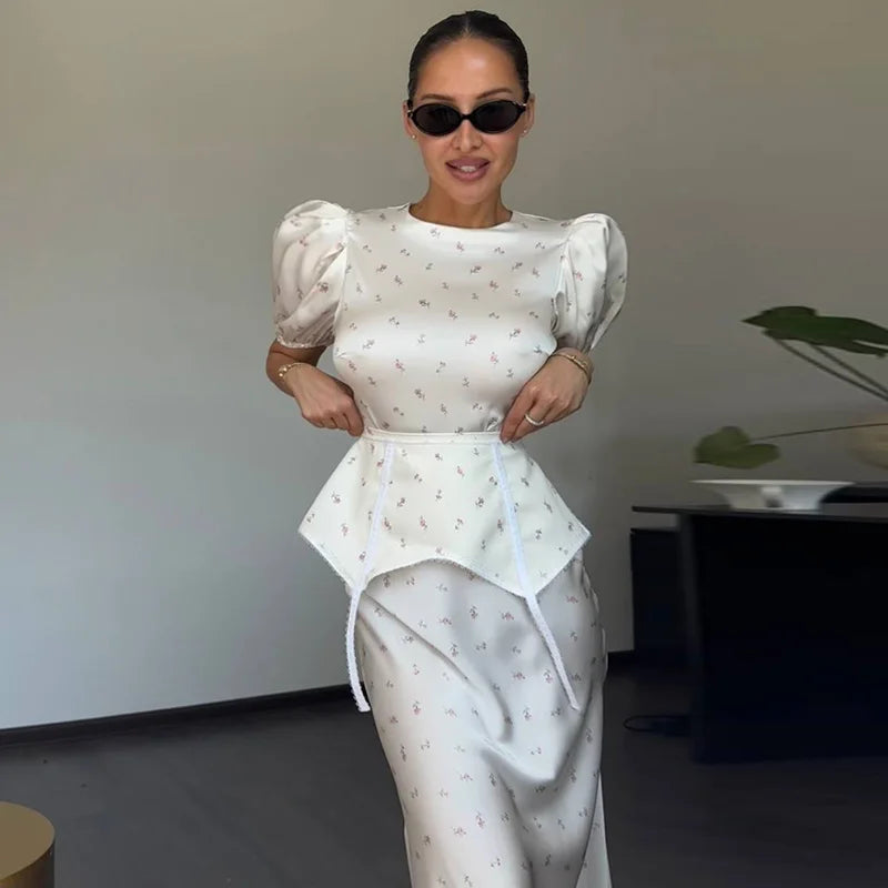 Elegant Women's Printed Waistband Stain Long Dress Slim Waist Cinched Bubble Sleeve Dresses 2026 Spring Summer Party Robes