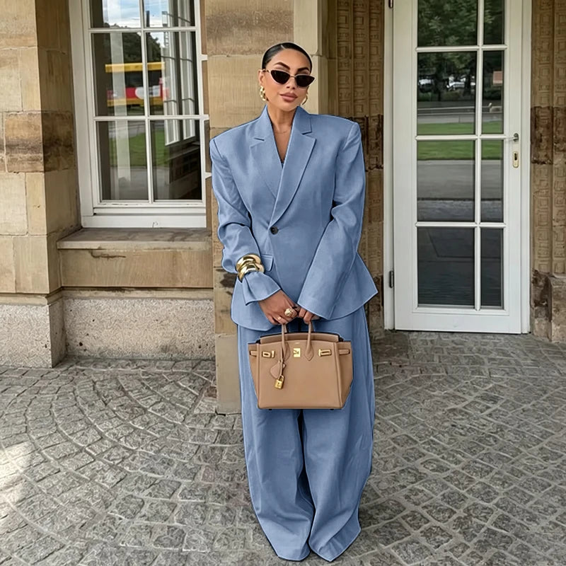 Chic White Wide-leg Pant Single Breasted Women Pants Set New Female Two Pieces(Blazer+Trousers) Conjuntos Femininos Elegantes