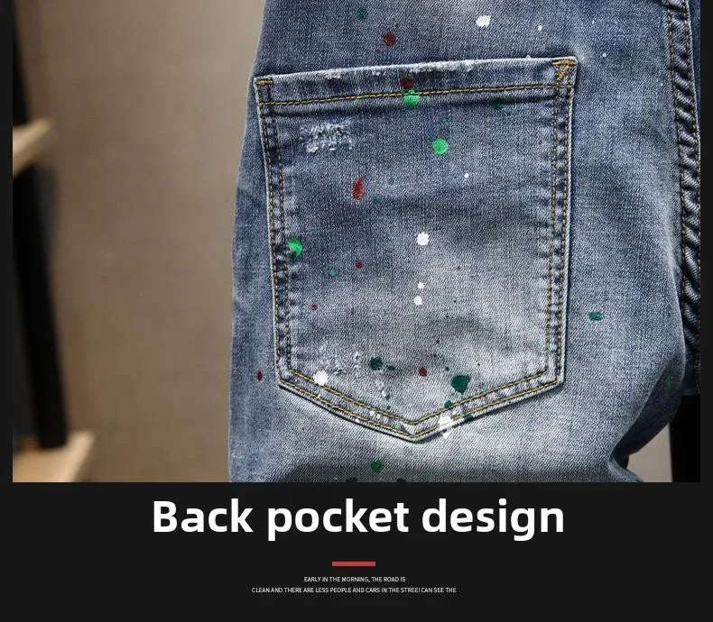 Washed Ripped Denim Men's Trendy Brand Spray Paint Medium Summer Thin Elastic Patch Bermuda Short Pants Men's Jeans Shorts
