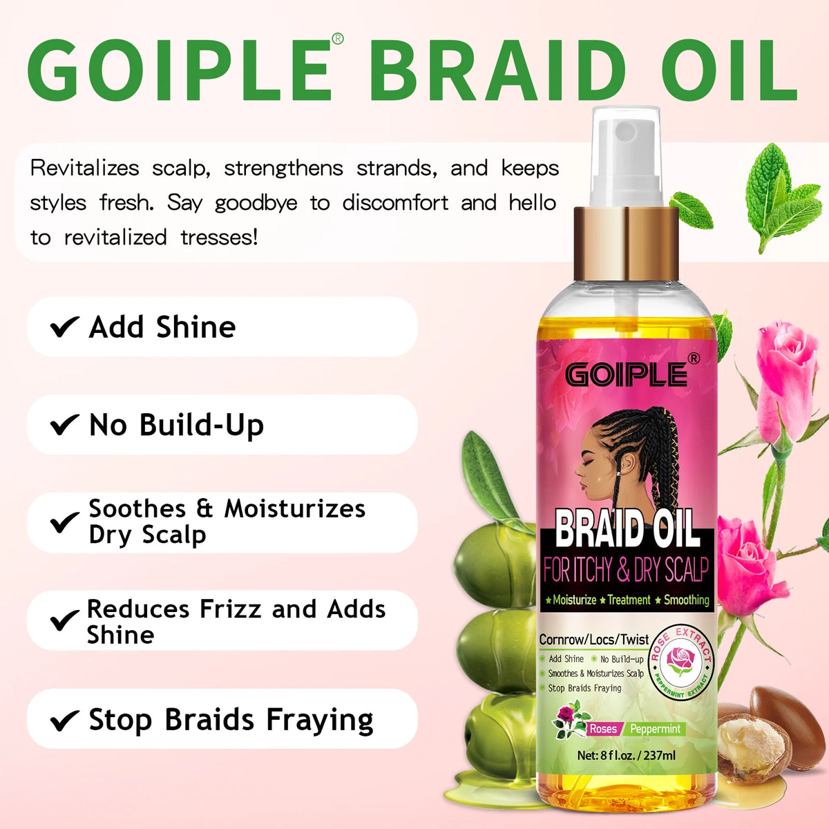 GOIPLE Natural Rose Extract Braid Oil For Itchy Dry Scalp Cornrow Locs Twist Add Shine Smoothes Moisturizes Hair Care Oil