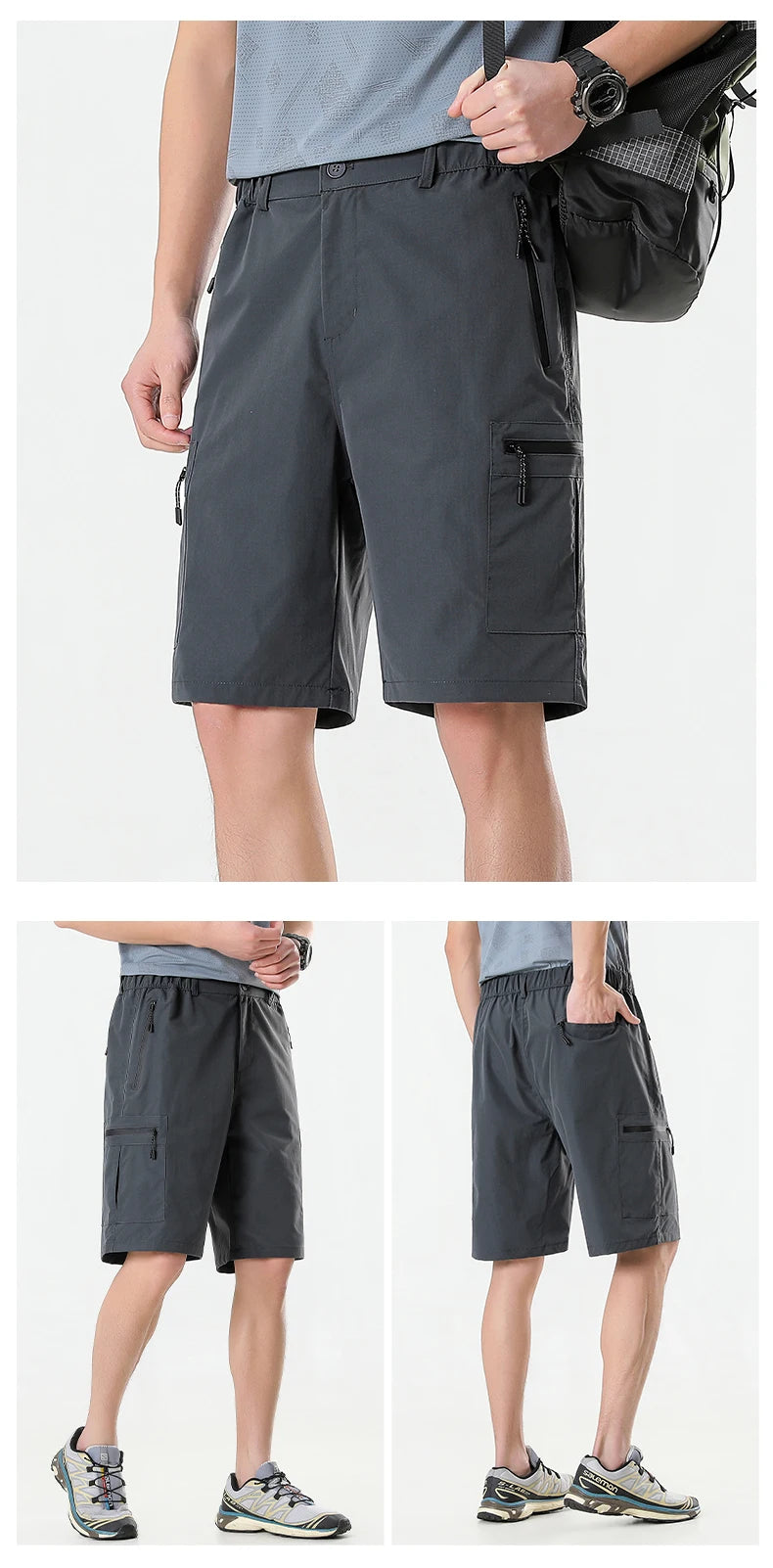 Mens Cargo Shorts Knee Pants Zipper Pocket Summer Quick Dry Shorts Climbing Jogger Elastic Waist Sports Wear