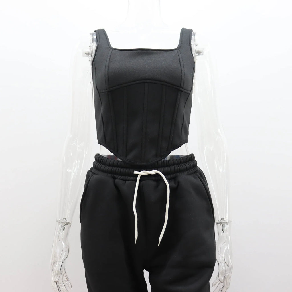 Women's Casual Sweatpants Set Belted Hooded Short Hoodie Corset Three-Piece Autumn Winter Comfortable Polyester Plus Size