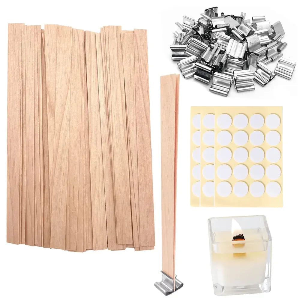 100Pcs Wooden Wick Stick with Base Candle Making Tools Multi Size Candlewick for Scented Candles Wedding Decor DIY Birthday Gift