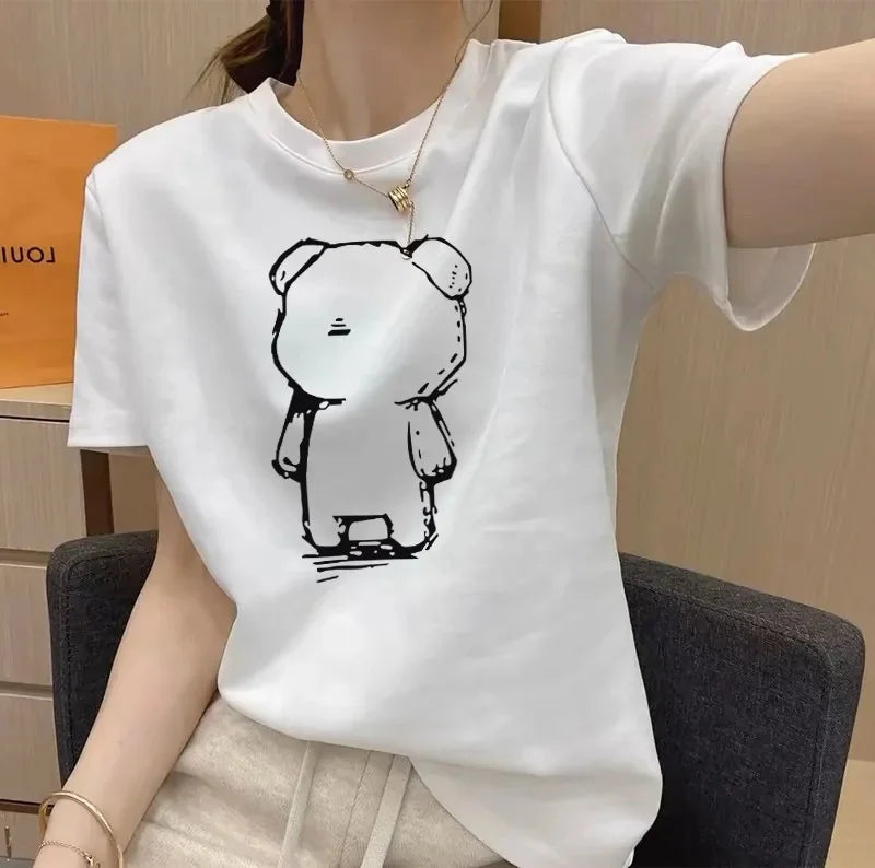 Women's Short Sleeve T-Shirt Pure Cotton Thin Summer Korean Style Loose Fit Shoulder round Neck Half Sleeve Ladies Top Versatile
