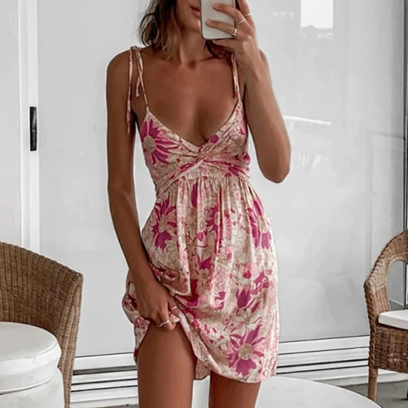 New Women Party Lace Flower Backless Mini Dress Summer Sexy Sling Spaghetti straps Deep V Neck Wedding Club Vestidos