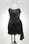 Women's Sexy Lace Dress Solid Color Sheer Patchwork High Waist Lace Dress Elegant Printed Strapless Slim Evening Dress