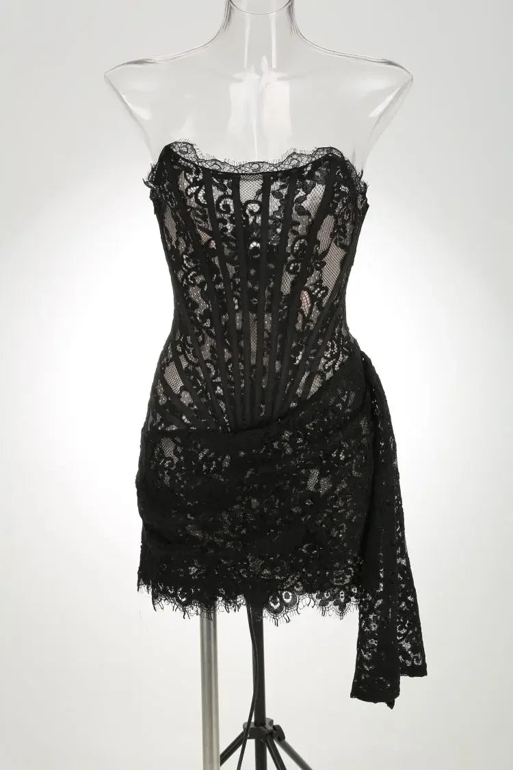 Women's Sexy Lace Dress Solid Color Sheer Patchwork High Waist Lace Dress Elegant Printed Strapless Slim Evening Dress