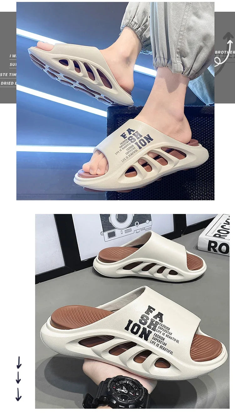 New Summer Men's Slippers 2026 EVA Soft Sole Male Slides Breathable Hollow Beach Sandals Light Comfortable Indoor Flip Flop