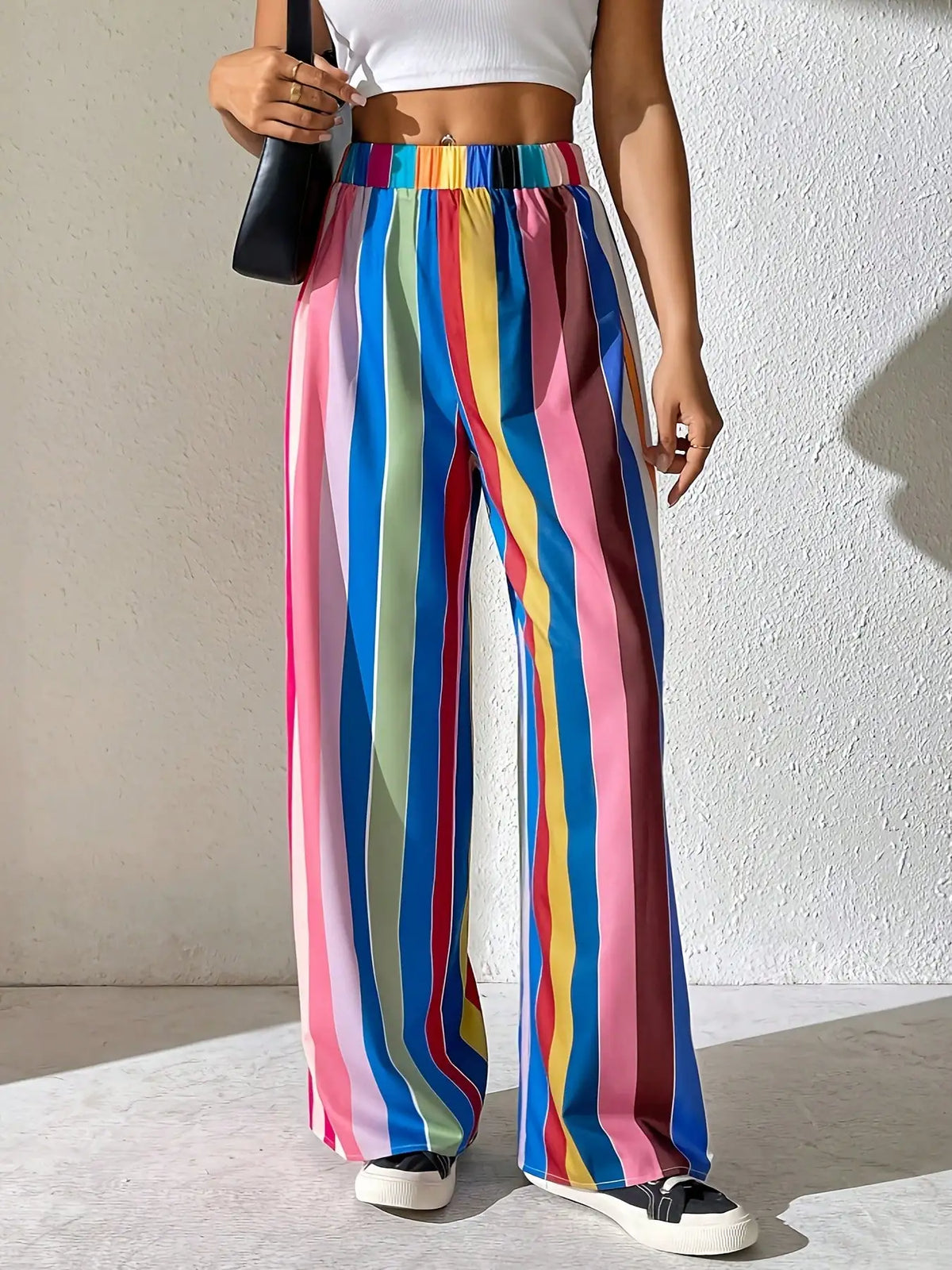 2026 Casual Women's Plus Size Elastic Waisted Colorful Striped Pants, Loose and Comfortable Wide Leg Pants, Long Pants