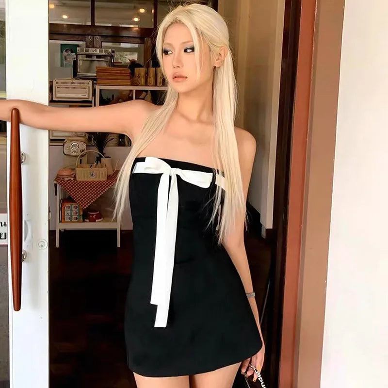 Fashion Sexy Strapless Backless Mini Dress Women Sleeveless Bow Tie Up A-line Slim Dresses Spring Summer New Party Club Tube Top