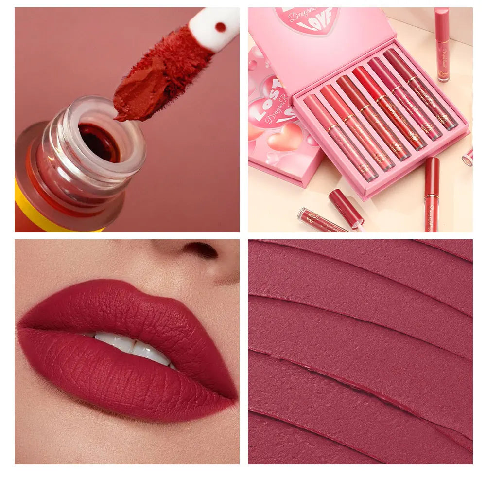 Set of Six Lip Glazes, Matte and Fine Texture, Easy to Apply, Non-Stick, Waterproof and Sweat-Proof, Versatile for Daily Use, Lip Gloss and Lipstick Set