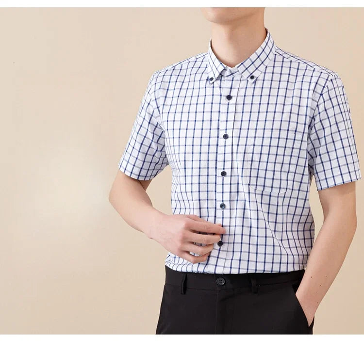 New In Shirt Summer 100%Cotton Short Sleeve Shirts for Men Slim Fit Formal Plain Shirt Designer Plaid Korean Popular Clothes