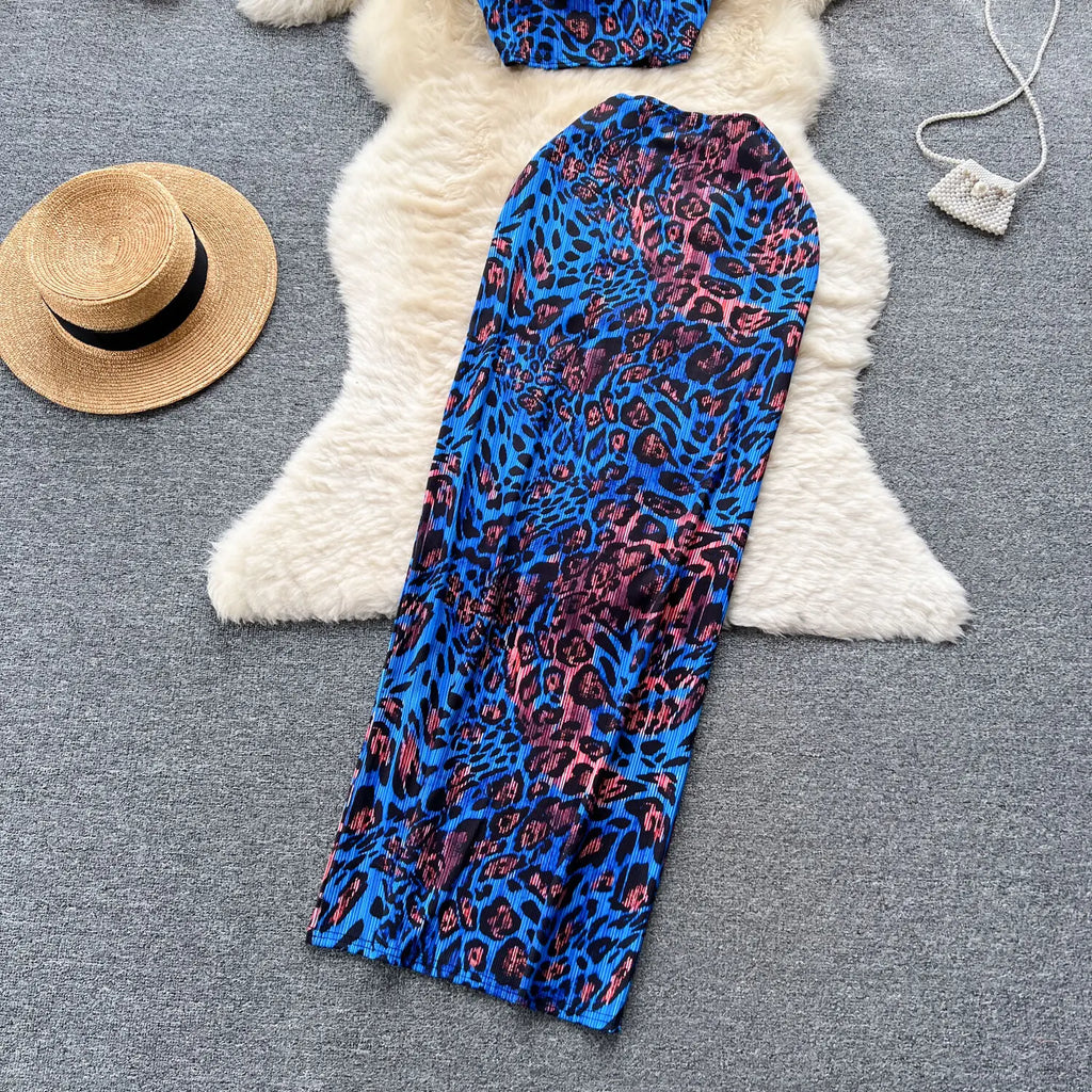 Retro Style Printed 2 Pieces Set for Women Fashion Summer Sleeveless Cropped Camis Top + Elastic Waist Bodycon Long Skirt Suits