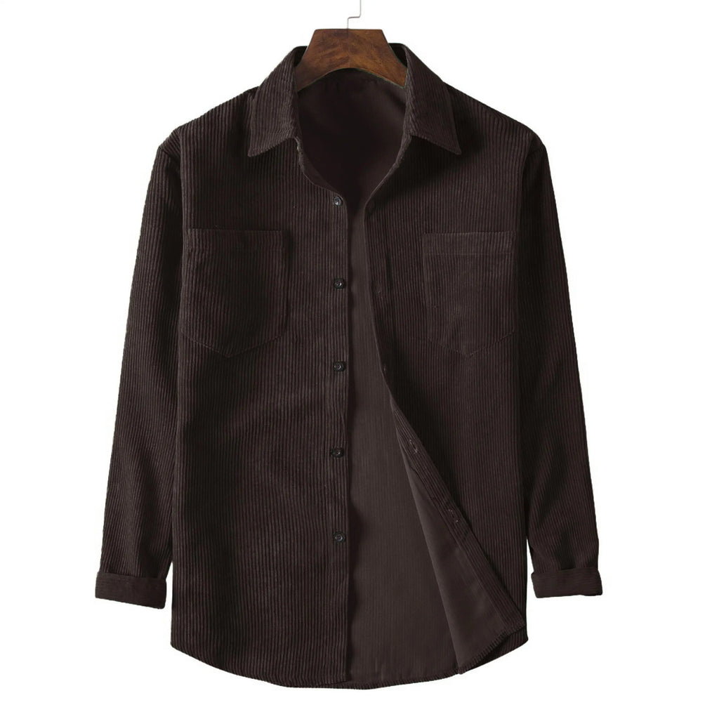 New spring and autumn men's corduroy long-sleeved double-pocket solid color casual men's top button lapel fashion
