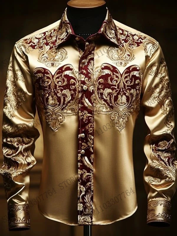 New Men's Leopard Floral Full Sleeve Shirt Golden Ethnic 3 D Print Shirt Men/Women Fashion Luxury Shirts European American Style