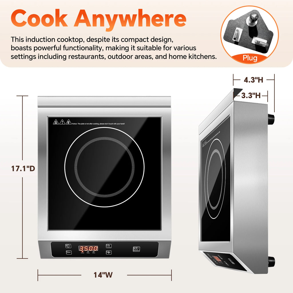 14" 3500W Commercial Induction Burner, Portable Countertop