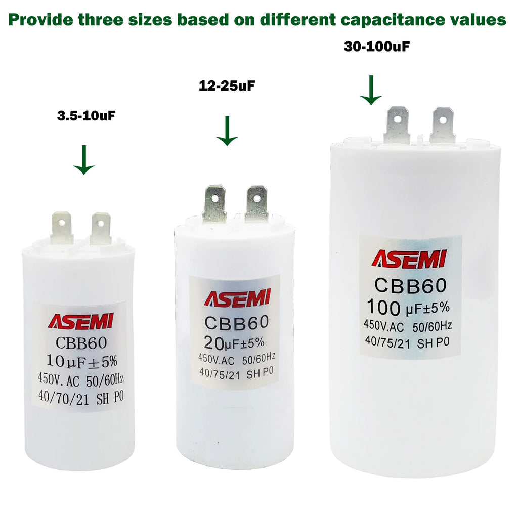 CBB60 450V AC Motor Run Capacitor Starter 3.5uF 5uF 6uF 8uF 10uF 12uF 15uF 16uF 18uF 20uF 25uF 30uF 40uF 80uF 100uF Capacitors